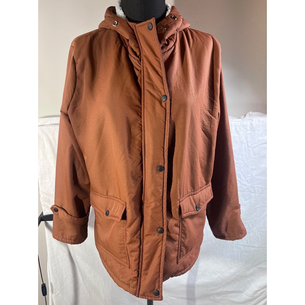 Womens Rust Brown Sherpa Lined Hooded Parka Jacket Terracotta Coat